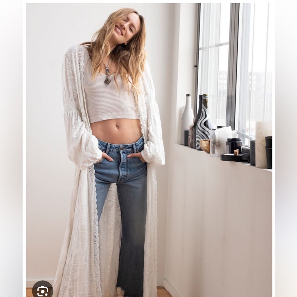Free People Shady Palm Crochet Lace Inset Embroidered Duster Maxi Top M